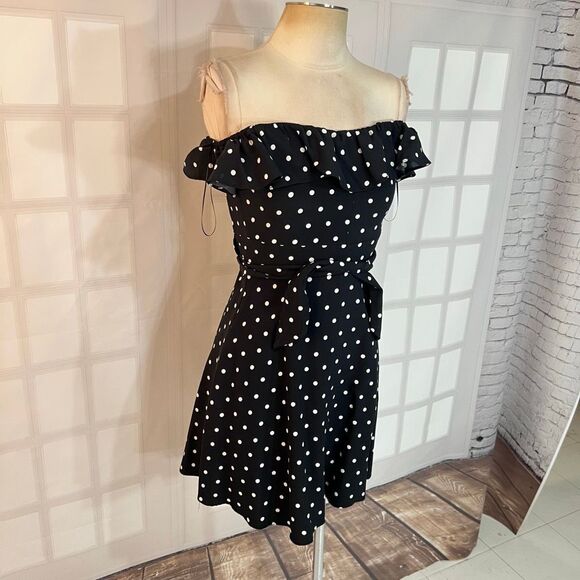Zara NWT Black White Polka Dot Off Shoulder Tie Back Mini Sundress Size Small - Picture 5 of 12